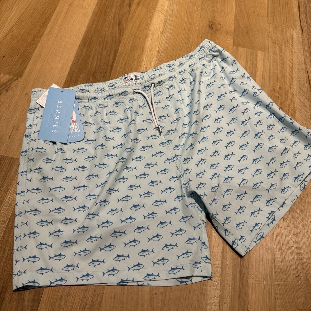 Bermies Swim Trunks XXL Blue Tuna Print Drawstring ~ NWT